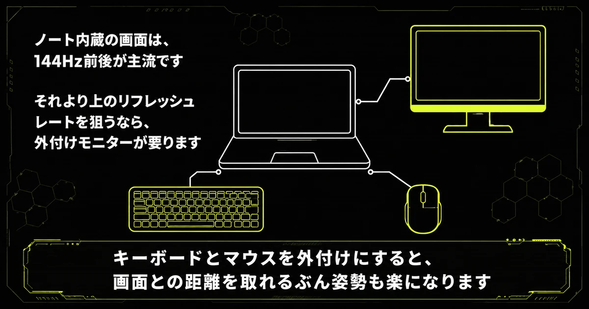 ゲーミングノートPCに外付けの周辺機器を足した構成図。内蔵画面は144Hz前後が主流のため上を狙うなら外付けモニターが要り、キーボードとマウスを外付けにすると姿勢も楽になることを示している。