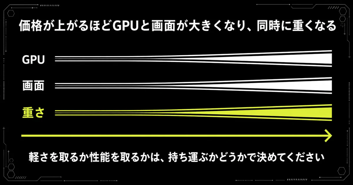 ゲーミングノートPCは価格が上がるほどGPUと画面が大きくなり、同時に重くなる関係を示した図。軽さを取るか性能を取るかは持ち運ぶかどうかで決めることを示している。