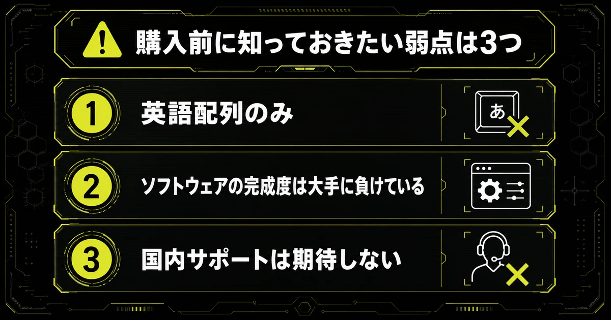 DrunkDeer A75の弱点3つを縦に並べた図解。英語配列のみ、ソフトウェアの完成度は大手に負けている、国内サポートは期待しないの3点を番号付きカードで示している。