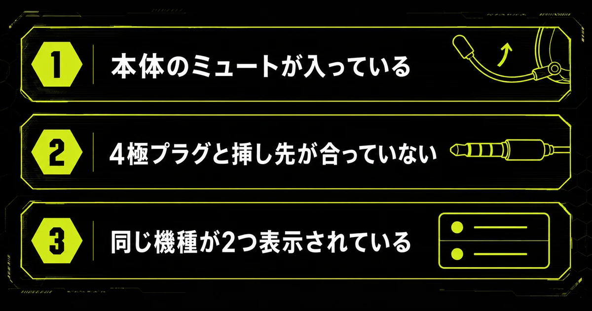 Discordの設定では直らない、ヘッドセット側が原因のトラブル3つを並べた図解。本体のミュートが入っている、4極プラグと挿し先が合っていない、同じ機種が2つ表示されているの3点を示している。