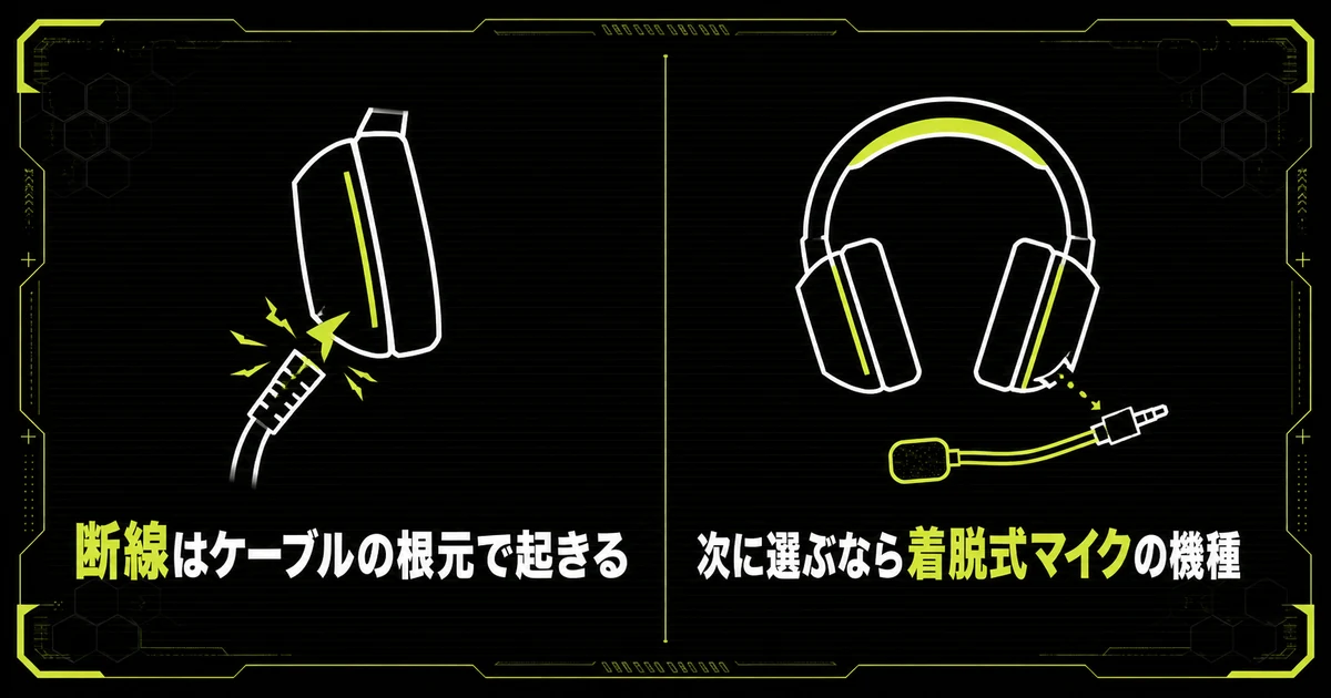 「それでも直らないなら、ゲーミングヘッドセットを買い替える目安」の要点を並べた図。断線はケーブルの根元で起きる・次に選ぶなら着脱式マイクの機種を示している。