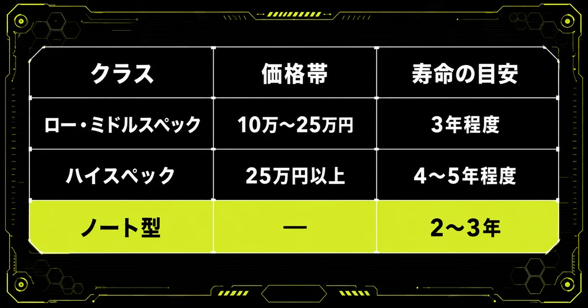 ゲーミングPCのクラス別の寿命の目安を早見表にした図。ロー・ミドルスペックは3年程度、ハイスペックは4〜5年程度、ノート型は2〜3年と短く見積もられていることを示している。