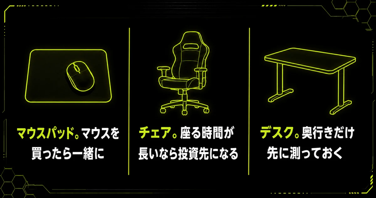 「必要なもののうち、後から足せる3つ」の要点を並べた図。マウスパッド。マウスを買ったら一緒に・チェア。座る時間が長いなら投資先になる・デスク。奥行きだけ先に測っておくを示している。