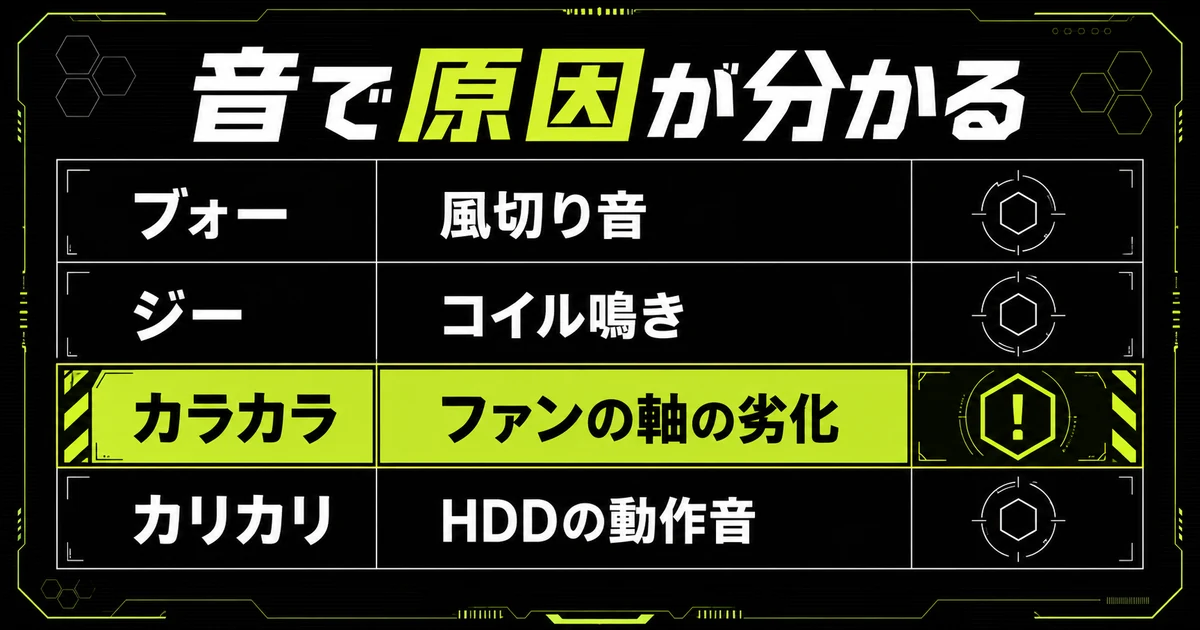 ゲーミングPCの音の種類ごとに原因と対処を並べた早見表。ブォーは風切り音、ジーはコイル鳴き、カラカラはファンの軸の劣化、カリカリはHDDの動作音と示している。