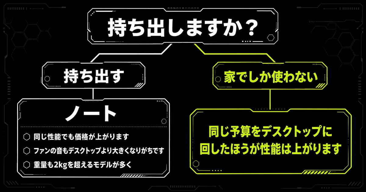 ノートとデスクトップのどちらを選ぶかを持ち出すかどうかで分けた図。持ち出さないなら同じ予算をデスクトップに回したほうが性能が上がることを示している。