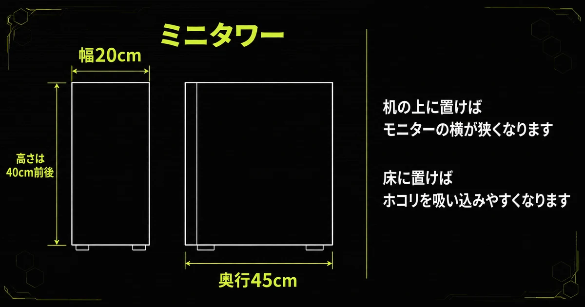 デスクトップPCに必要な置き場所を寸法で示した図。幅20cm・奥行45cmほどで、ミニタワーでも高さは40cm前後あり、机の上ではモニターの横が狭くなり、床置きではホコリを吸い込みやすくなることを示している。