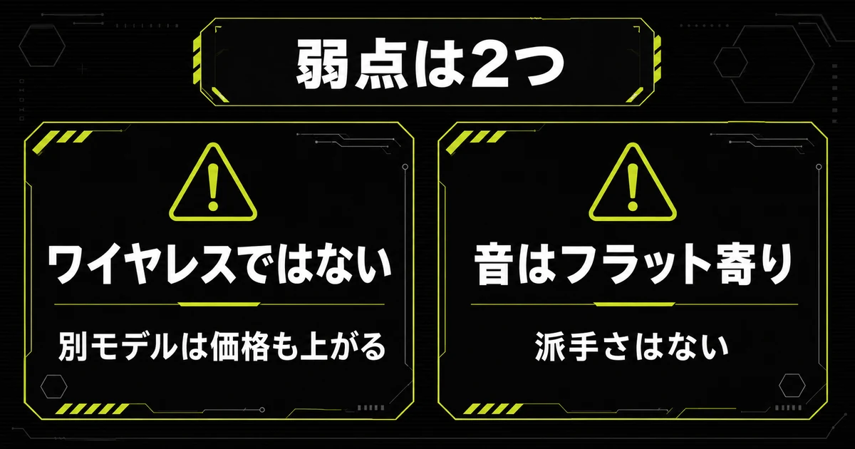 HyperX Cloud IIIの弱点2つを左右のカードで示した図。左はワイヤレスではないこと、右は音がフラット寄りで派手さがないことを注意アイコン付きで整理している。