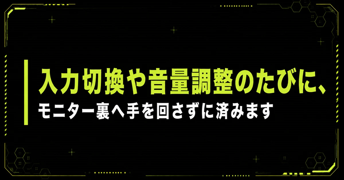 IODATA GigaCrysta S EX-GDU271JLAQDの「リモコンとスピーカーが付く」を要点図にまとめた図。入力切換や音量調整のたびに、モニター裏へ手を回さずに済みますを示している。