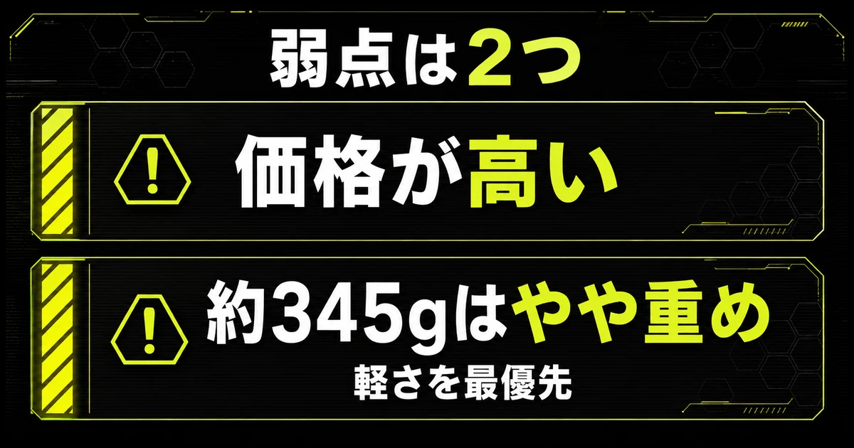 Logicool G PRO X 2の弱点を2つのカードで示した図解。1つ目は価格が高いこと、2つ目は約345gとやや重めであることを、番号付きで上下に並べている。