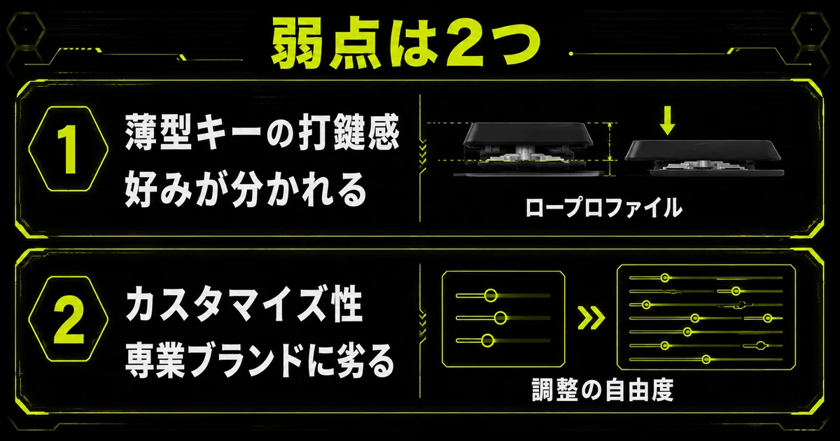 Logicool G515 RAPID TKLの弱点2つをカード形式でまとめた図解。薄型キーの打鍵感が好みで分かれる点と、カスタマイズ性が専業ブランドに劣る点を、キー断面図と設定項目の比較で示している。