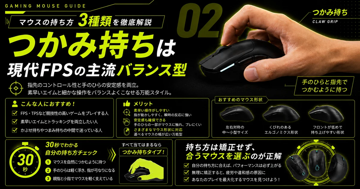 つかみ持ち（CLAW GRIP）の解説図。手のひらと指先でつかむ持ち方の実際の写真と、おすすめのマウス形状（左右対称の中〜小型サイズ・くびれのあるエルゴノミクス形状・フロントが低めの形状）、30秒でわかる持ち方チェックを掲載
