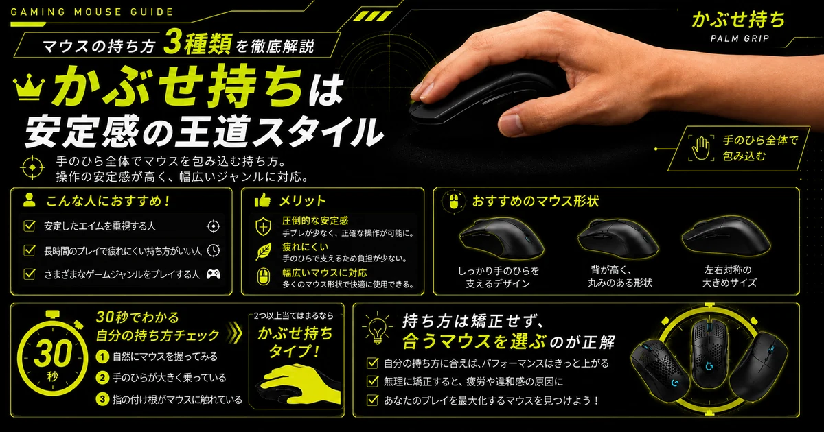かぶせ持ち（PALM GRIP）の解説図。手のひら全体でマウスを包み込む持ち方の実際の写真と、おすすめのマウス形状（手のひら全体を支えるエルゴノミクス形状・背が高く丸みのある形状・左右対称の大きめサイズ）、30秒でわかる持ち方チェックを掲載