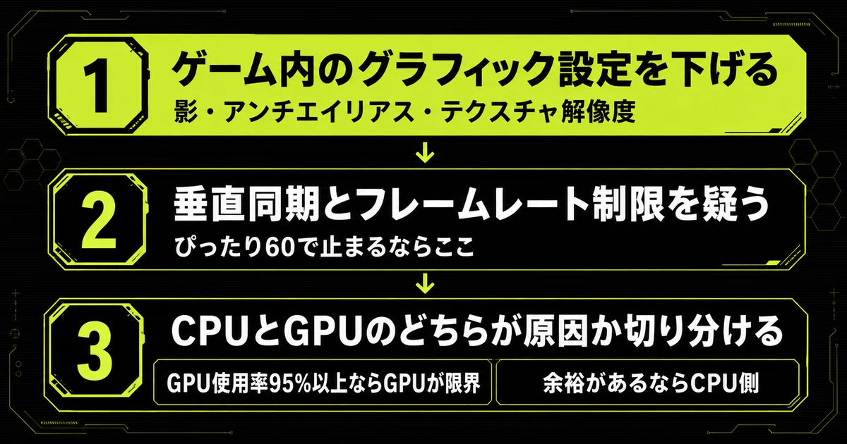 fpsが思ったより出ないときの確認順を3段で示した手順図。グラフィック設定を下げ、垂直同期とフレームレート制限を疑い、最後にCPUとGPUのどちらが原因かを切り分ける流れを表している。
