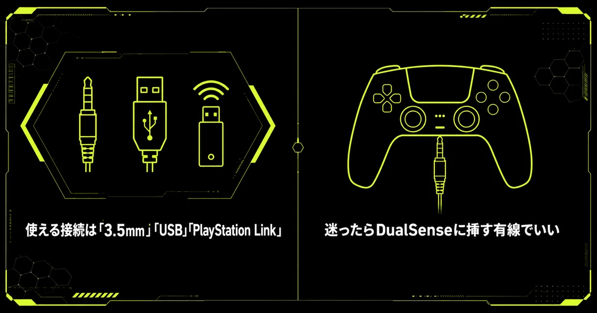 「PS5でのつなぎ方は3つ。Bluetoothは使えない」の要点を並べた図。使える接続は「3.5mm」「USB」「PlayStation Link」・迷ったらDualSenseに挿す有線でいいを示している。
