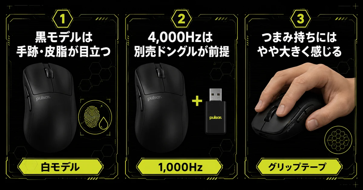 Pulsar Xlite V3の弱点3つを横並びのカードで示した図。黒モデルの手跡・皮脂、4,000Hz化には別売ドングルが前提、つまみ持ちにはやや大きく感じる点をそれぞれ番号付きで説明している。