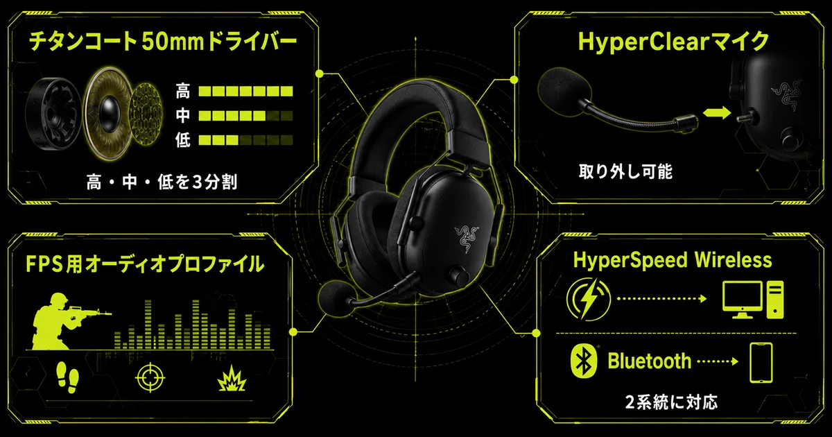 Razer BlackShark V2 Proの主要スペックを1枚にまとめた図解。チタンコート50mmドライバーの3分割、取り外し可能なHyperClearマイク、FPS用オーディオプロファイル、無線2系統を引き出し線で示している。