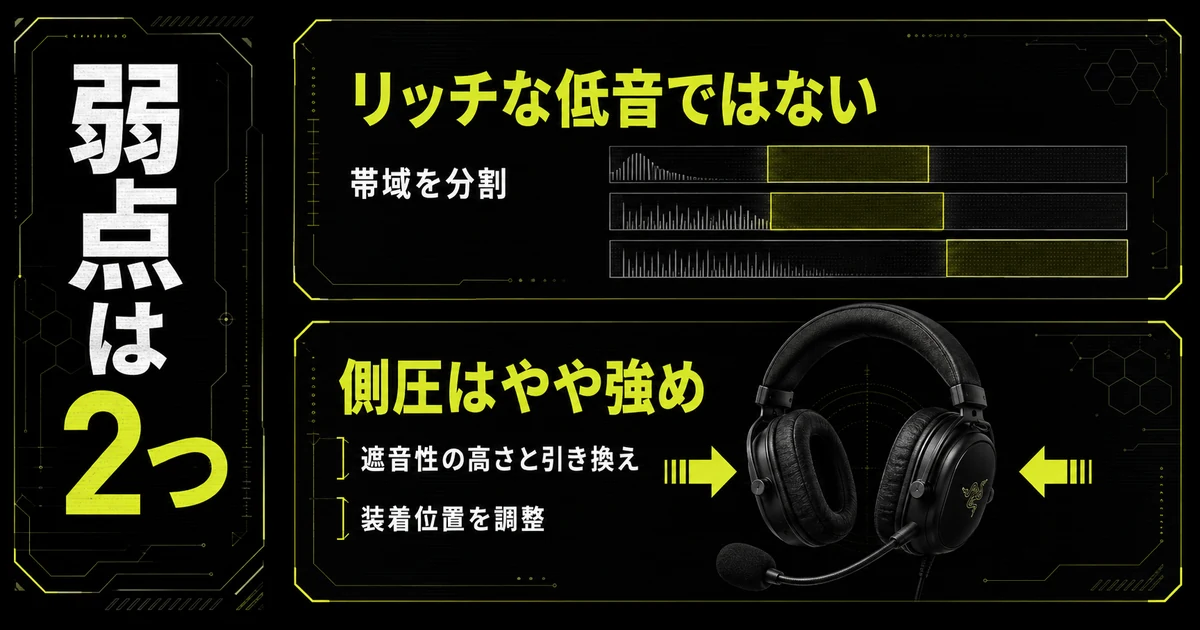 Razer BlackShark V2 Proの2つの弱点を上下に並べた図解。上段は音楽鑑賞向きの低音ではないこと、下段は遮音性と引き換えの側圧のやや強さを示している。