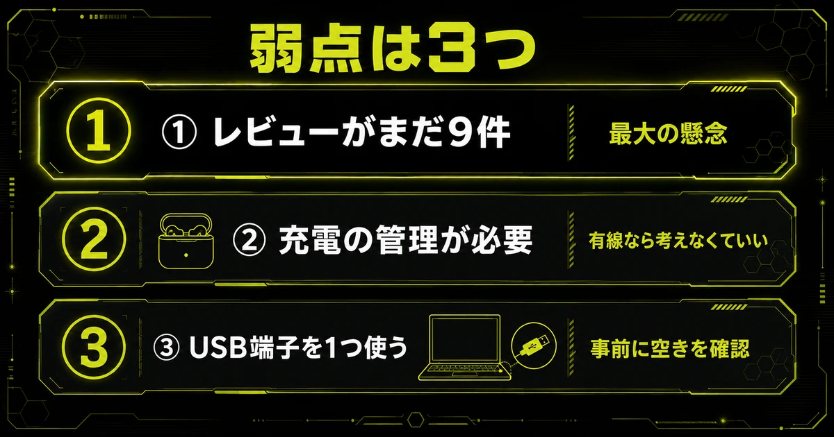 Razer Hammerhead V3 Xの弱点3つを縦に並べた図解。レビューが9件しかないこと、充電の管理が必要なこと、2.4GHz接続でUSB端子を1つ使うことを番号付きで示している。