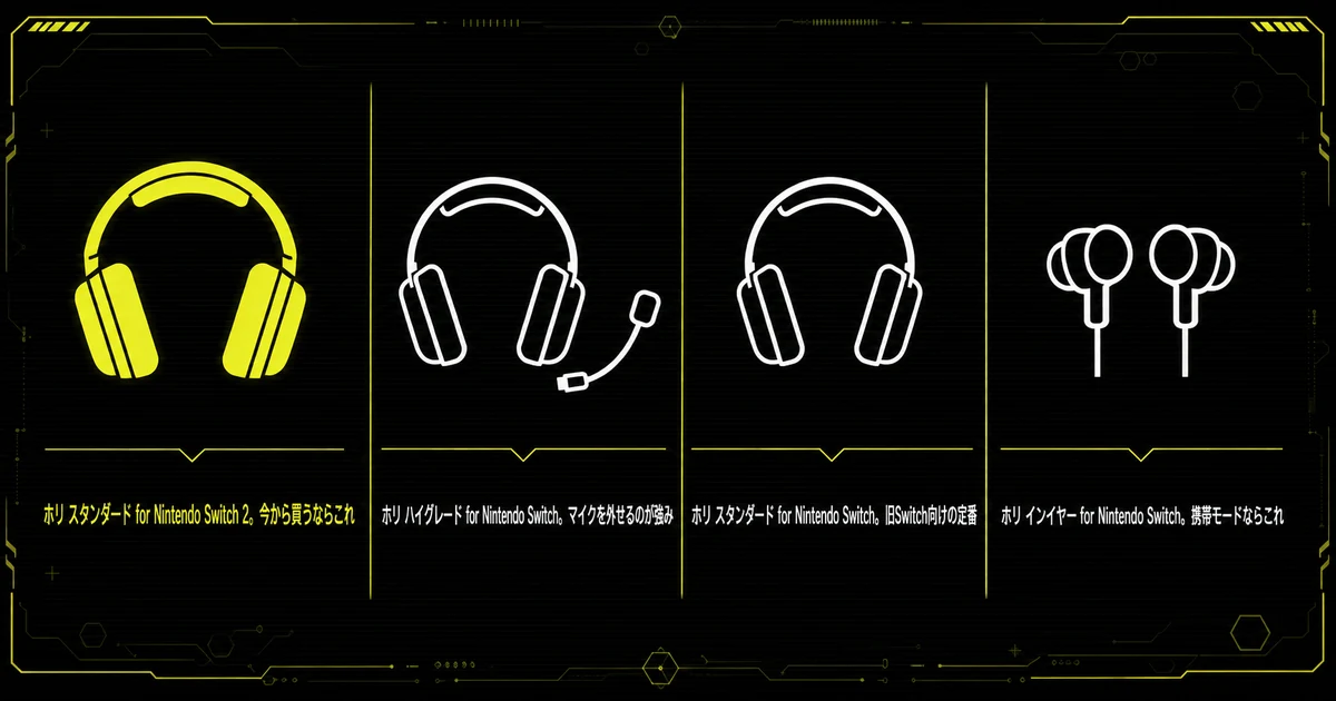 「Switchのゲーミングヘッドセットおすすめ5選」の要点を並べた図。ホリ スタンダード for Nintendo Switch 2。今から買うならこれ・ホリ ハイグレード for Nintendo Switch。マイクを外せるのが強み・ホリ スタンダード for Nintendo Switch。旧Switch向けの定番を示している。
