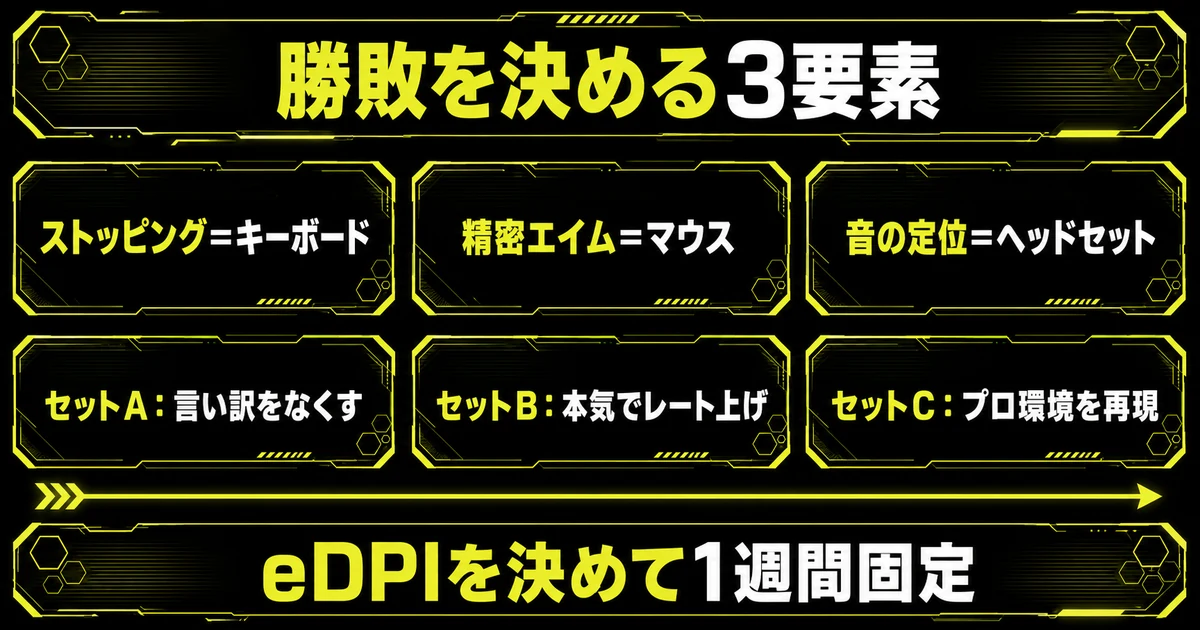 VALORANTのデバイス構成まとめ図。勝敗を決めるストッピング（キーボード）・精密エイム（マウス）・音の定位（ヘッドセット）の3要素を柱に、予算別のセットA・セットB・セットCの選び分けと、装備変更後にeDPIを決めて1週間固定する流れを1枚に整理した図解。