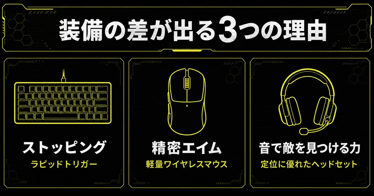 VALORANTで装備の差が出る3つの理由を示す図解。キーボードはストッピング、マウスは精密エイム、ヘッドセットは音で敵を見つける力に関わることを、3列に並べて比較している。