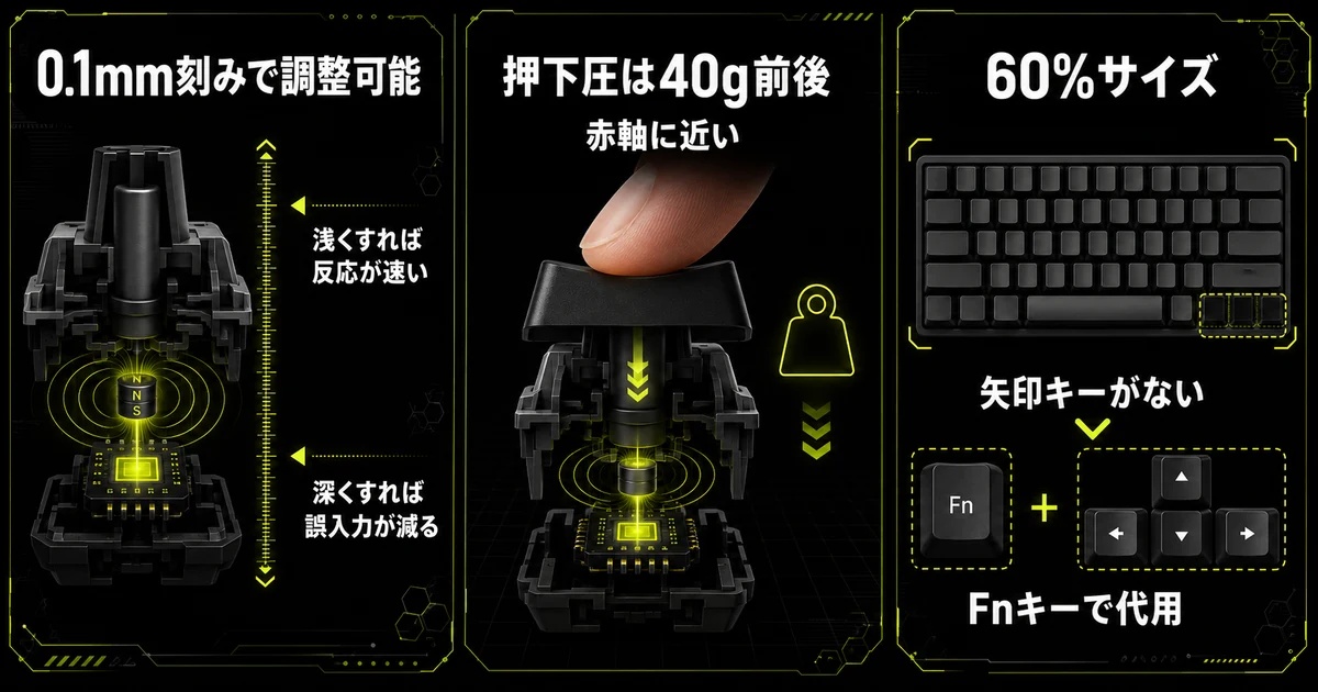 Wooting 60HE+の主要スペックをまとめた早見表。0.1mm刻みのアクチュエーションポイント調整、40g前後の押下圧と赤軸に近い静音性、矢印キーやテンキーのない60%サイズという3点を図で示している。