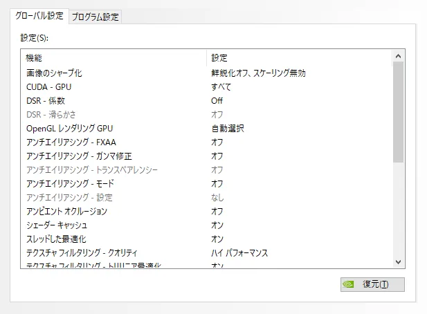 グローバル設定の項目一覧